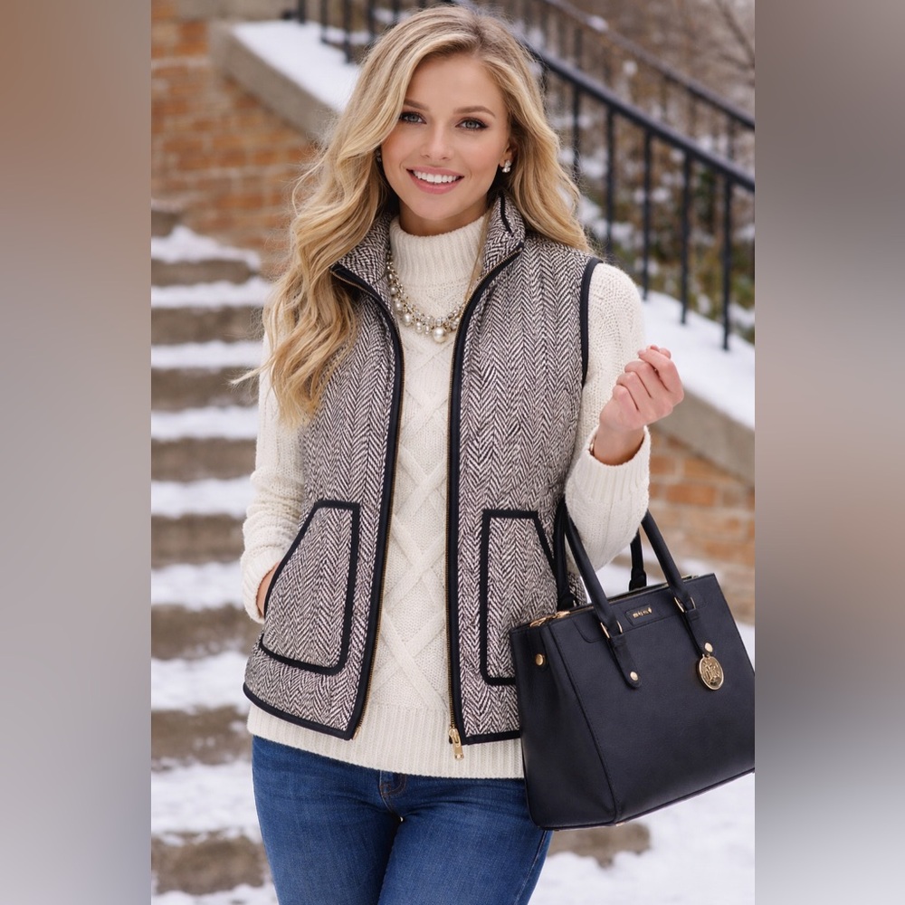 J.Crew Women's Black Herringbone Quilted Excursion Vest